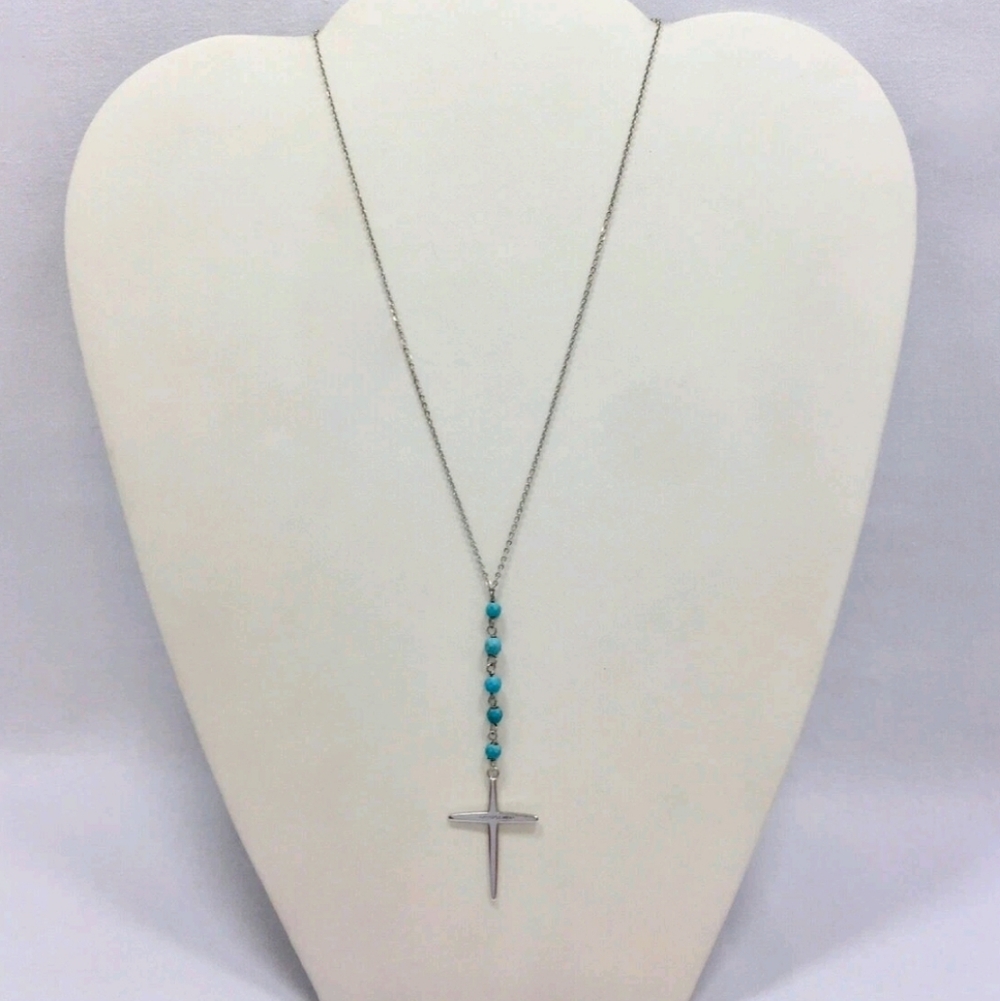 Silver Cross Necklace with Blue Beads
